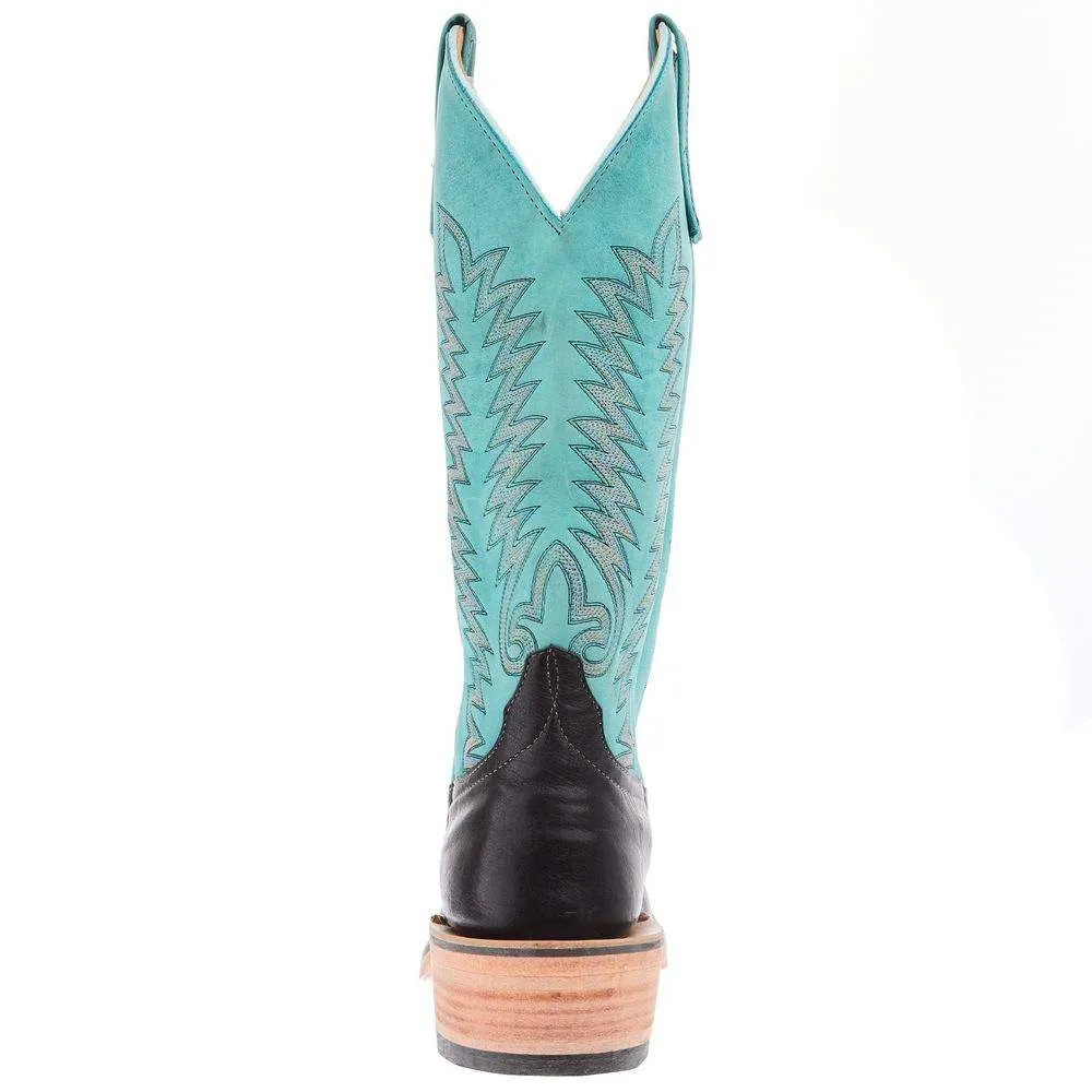 Black & Turquoise Embroidered Square Toe Stacked Heel Cowgirl Boots