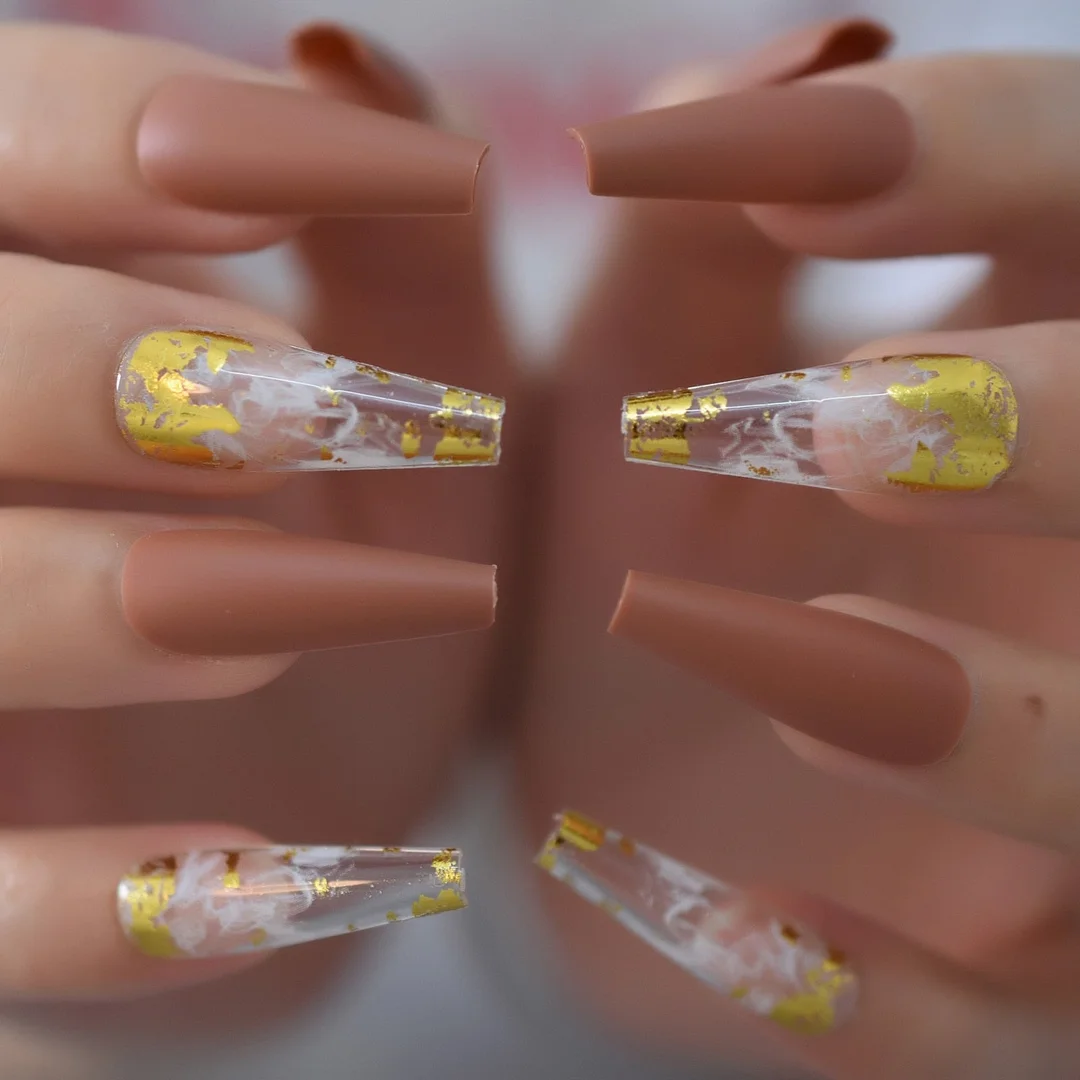 Glossy 24Pcs 6Pcs Foil Set Extra Long Fake Nails Fingernails Art Coffin Nails Tip Simple Design Supplies For Professionals EchiQ-Nail Inspo