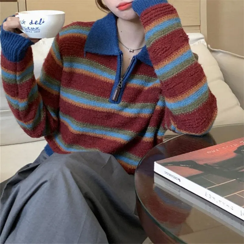 Churchf Churchf New Version Of 2023 Korean Version Collision Color Stripe Polo Collar Sweater Fashion Loose Lazy Wind Pullover Sweater Woman