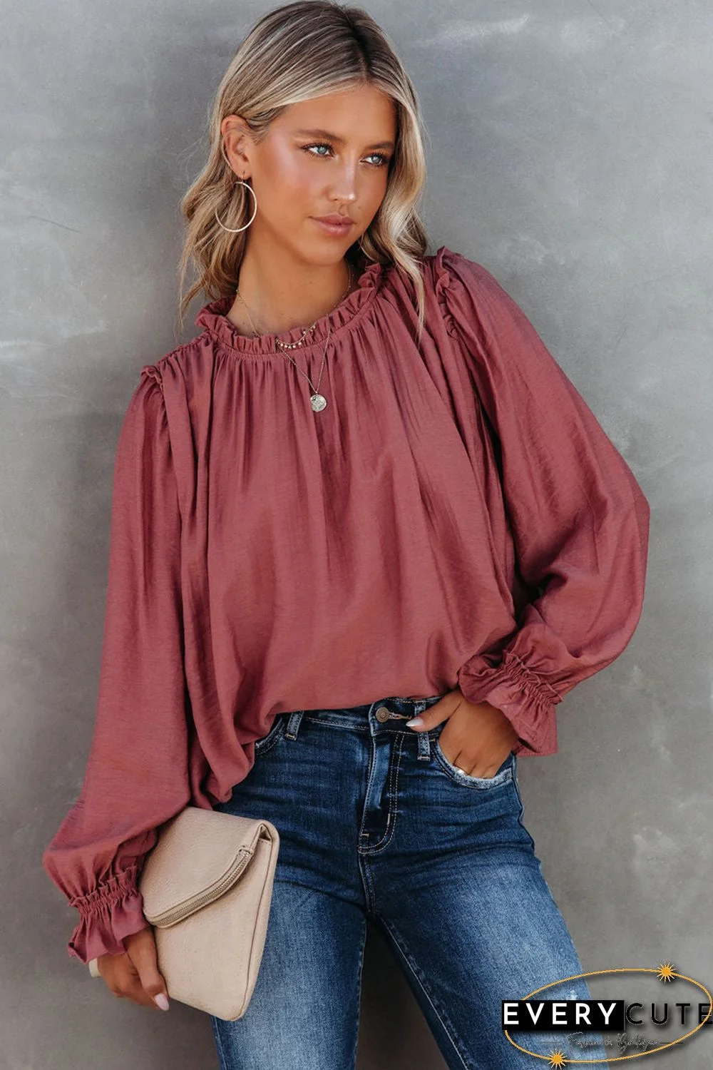 Red Frilled Neck Ruffled Long Sleeve Blouse