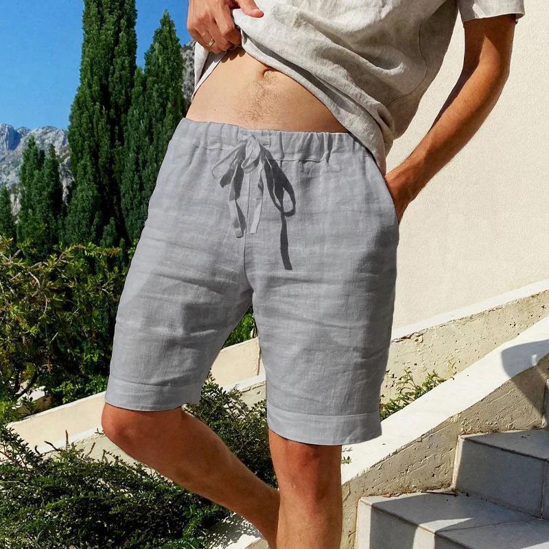 Men's daily casual cotton and linen solid color breathable five-point casual pants