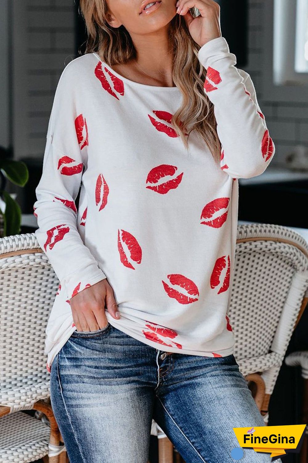 Lip Print Long Sleeve Casual T-Shirt