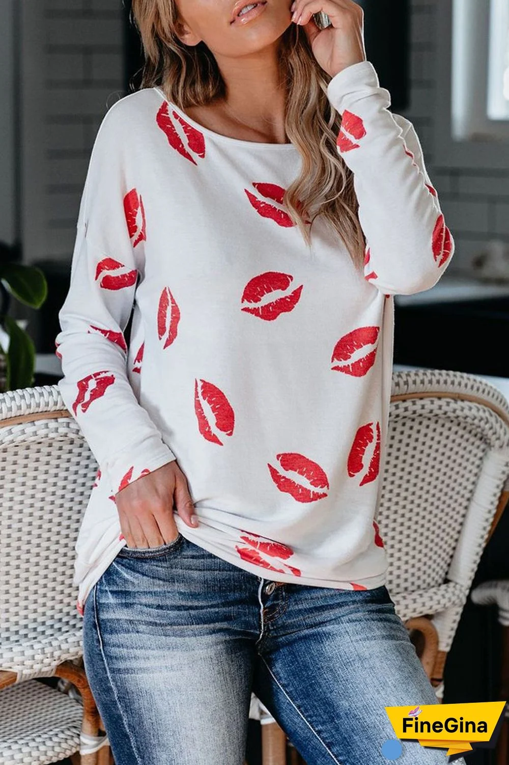 Lip Print Long Sleeve Casual T-Shirt
