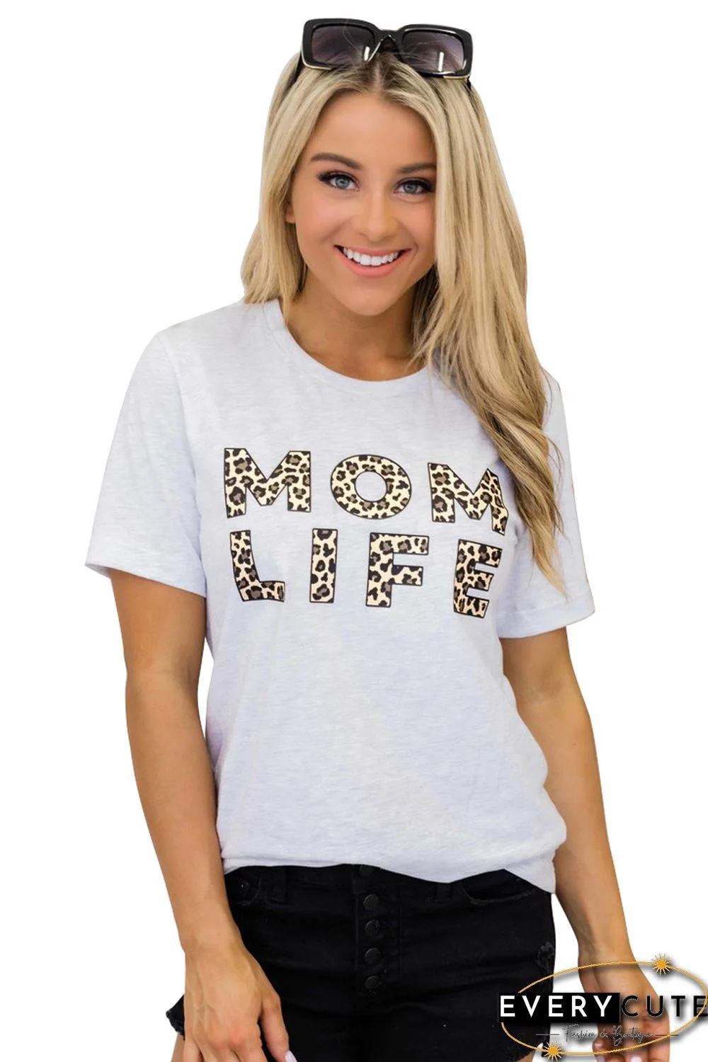 MOM LIFE Leopard Print White T-shirt