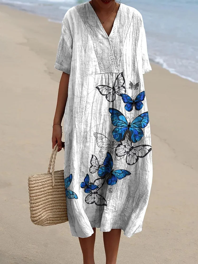 Womens Vintage Butterfly Art Print Flowy Dress