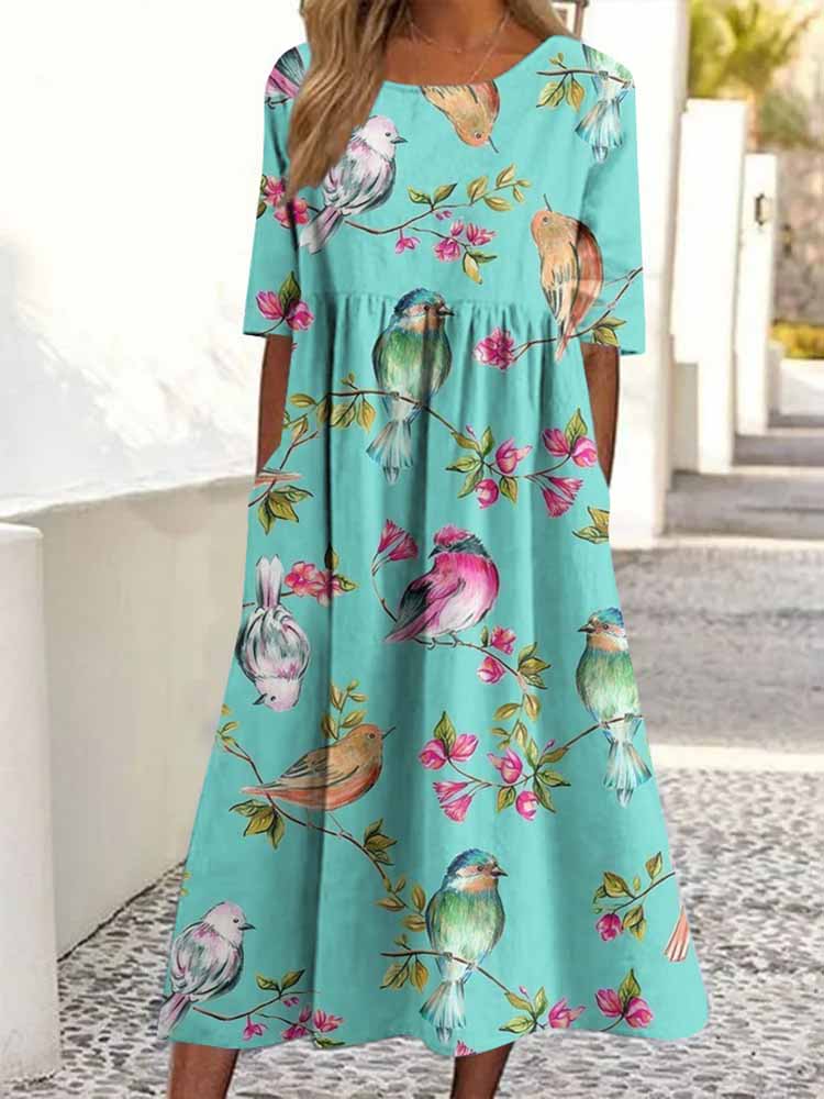 Comstylish Women's Vintage Floral & Bird Art Print Round Neck Midi Dress