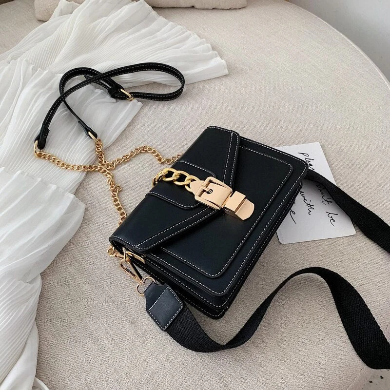 Small Contrast Color PU Leather Crossbody Long Belt Bags For Women 2022 Chain Shoulder Handbags Lady Luxury Female