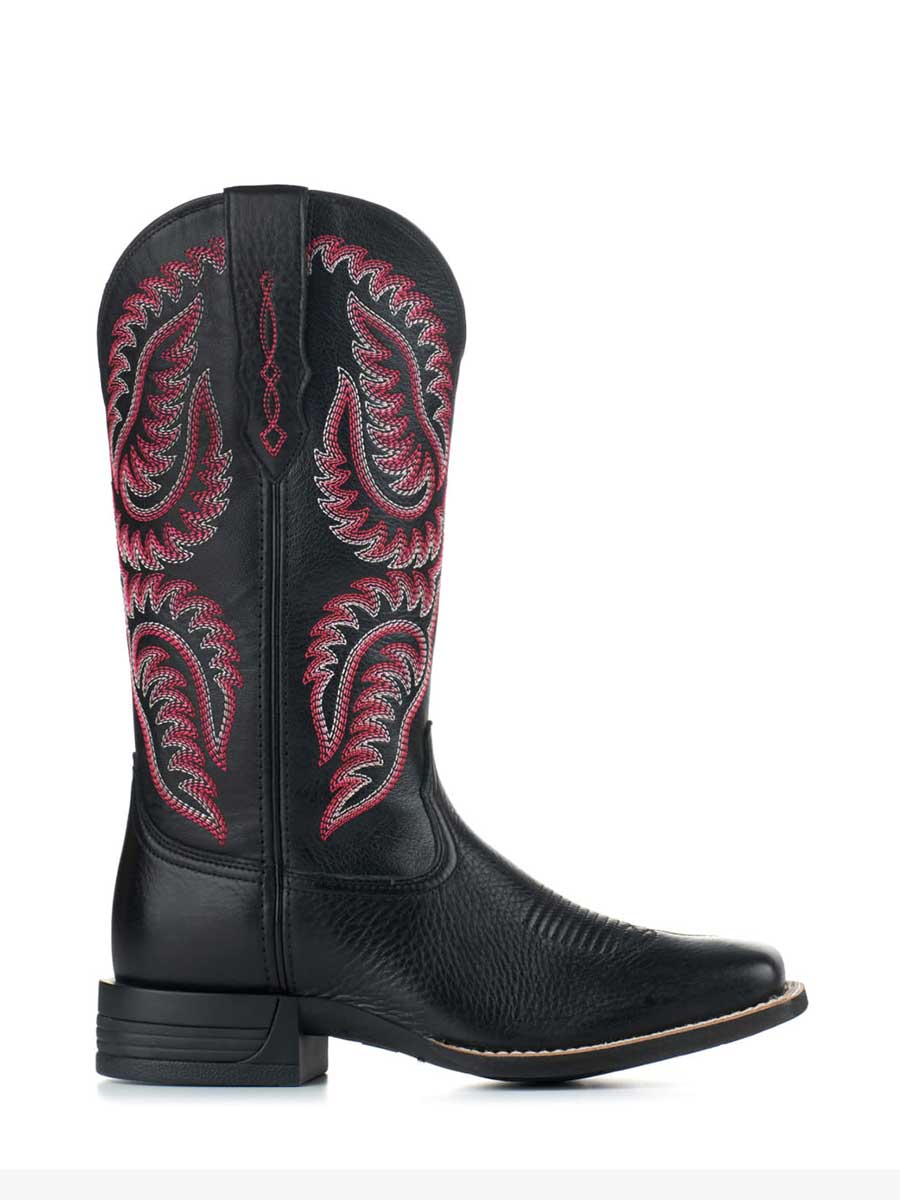 Black Vegan Leather Sophisticated Square Toe Embroidered Cowgirl Boots 