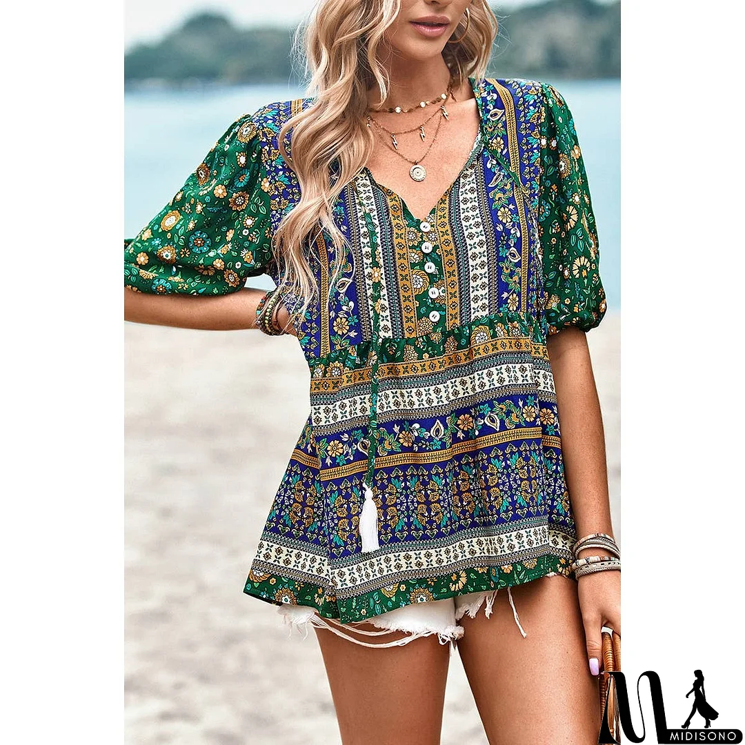 MidiSono - Floral Print Button Deep V Color Block Loose Fit Top