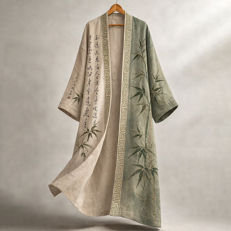 Japanese Style Retro Calligraphy Bamboo Art Pattern Casual Kimono  artssus