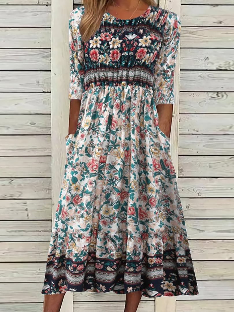 Women's Half Sleeve Scoop Neck Graphic Floral Printed Midi Dress