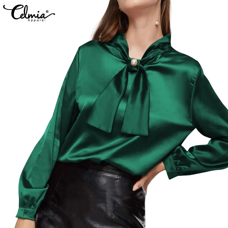 Celmia Women Elegant Satin Blouse 2022 Fashion Bow Tie Office Tops Long Sleeve Casual Autumn Slik Shirts Oversized Party Blusas