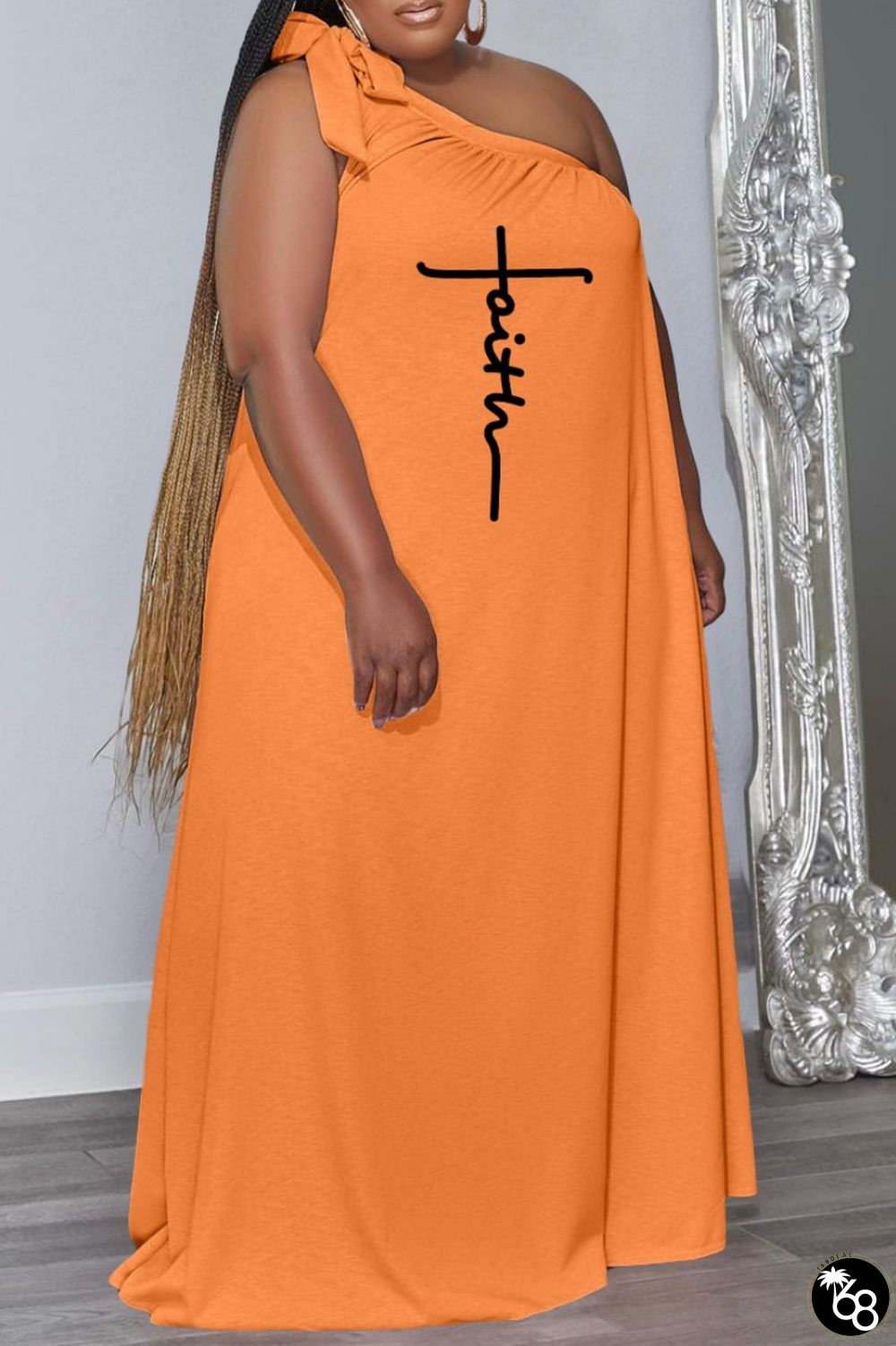 Orange Casual Print Tie-dye Backless Oblique Collar Sleeveless Dress Plus Size Dresses | 168DEAL