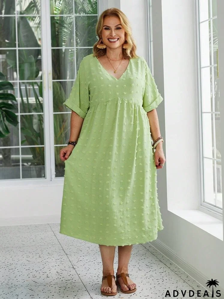 Plus Size V-Neck Short Sleeve Ruffle Flare Sleeve Hem Elegant Dress
