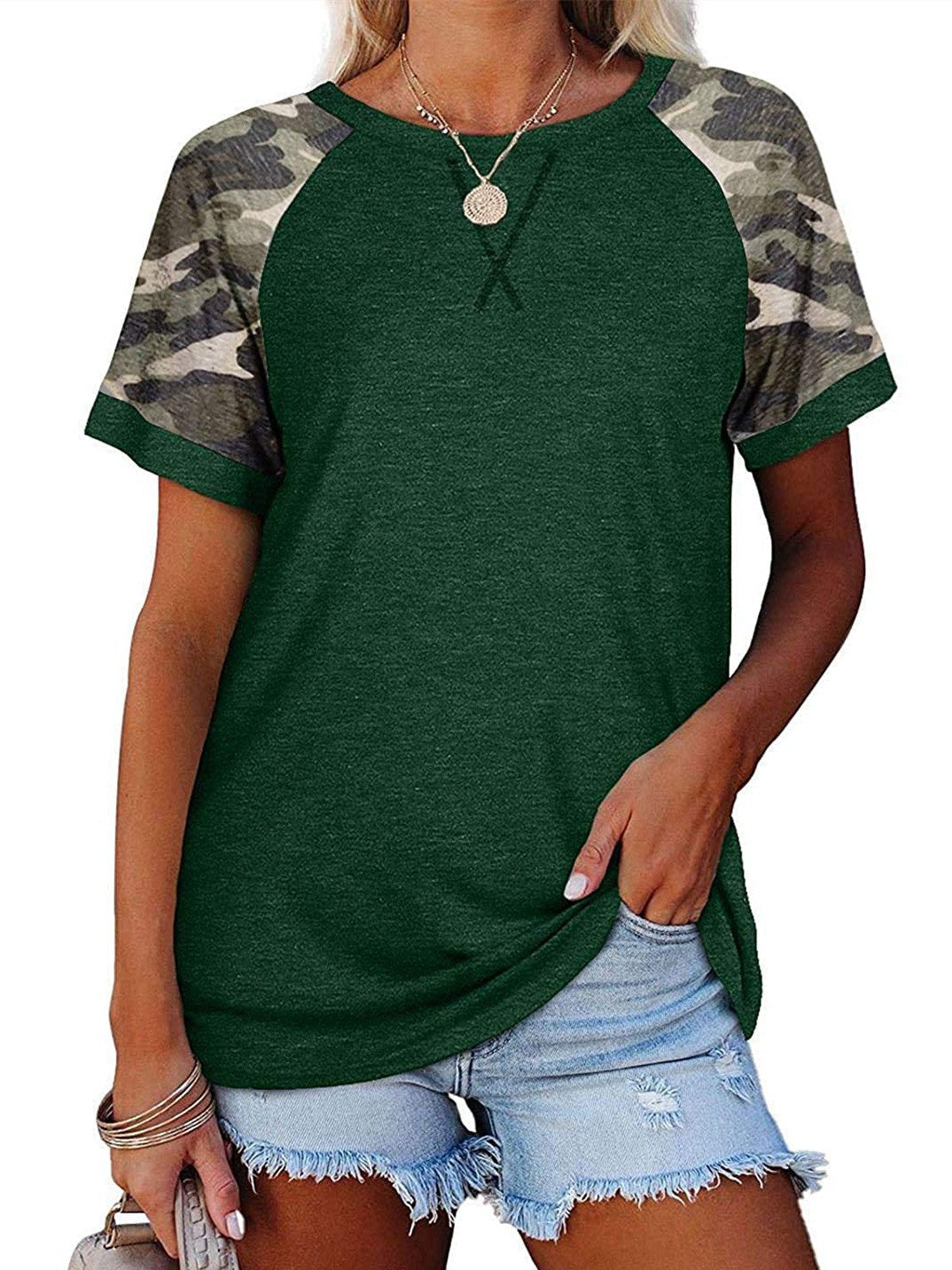 Women Short Sleeve Scoop Neck Printed Stitching Top