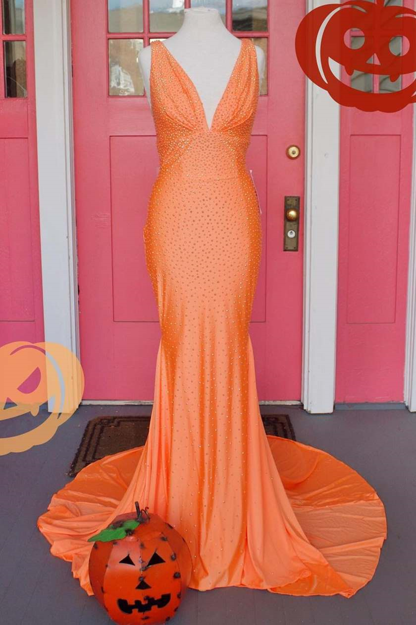 Oknass Simple Orange Deep V Neck Sleeveless Mermaid Long Prom Dress With Sequins 