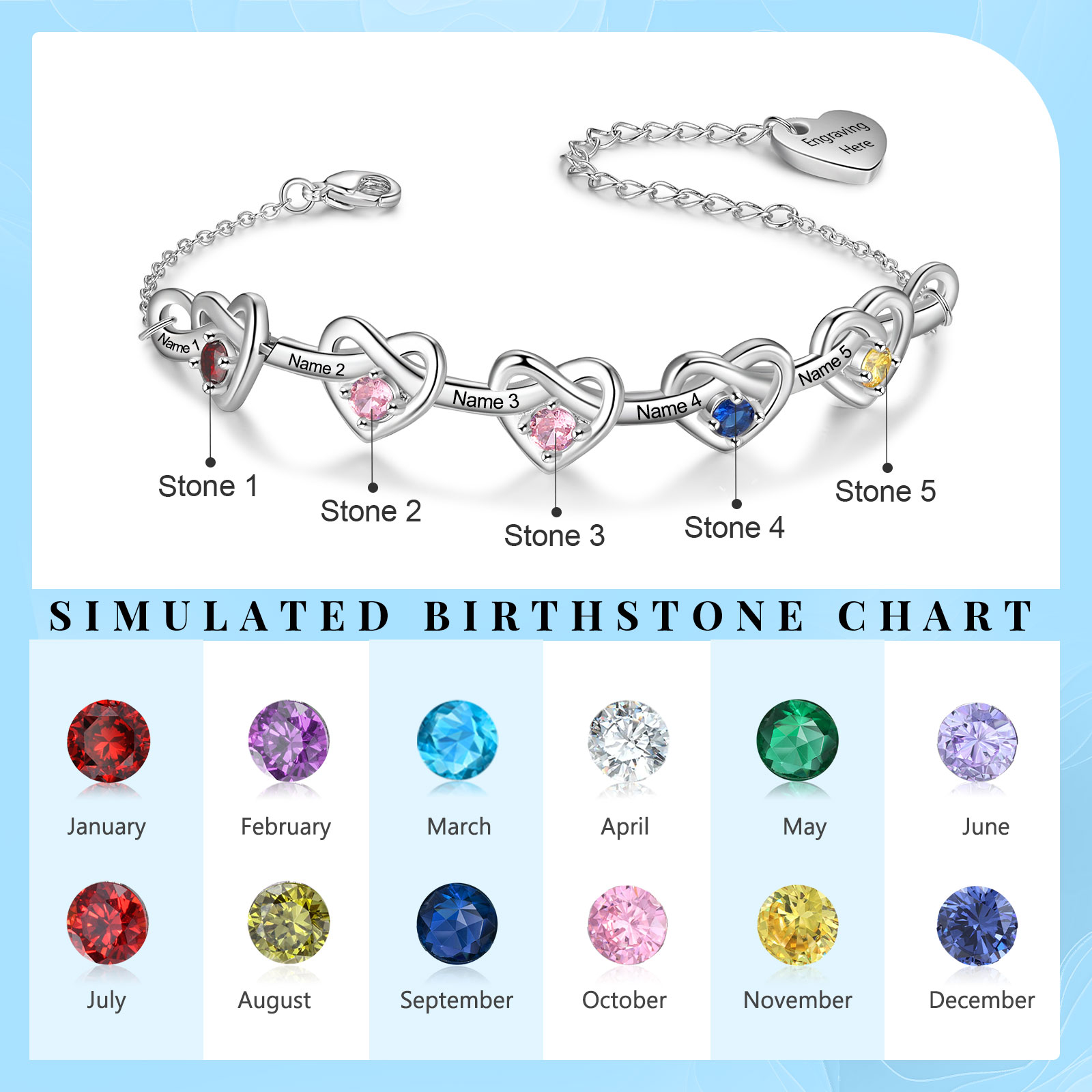 5 Names - Personalized Linked Heart Bracelet Custom 5 Birthstones Engraved Text Bracelets- Mother's Day Gift for Mom/Grandma