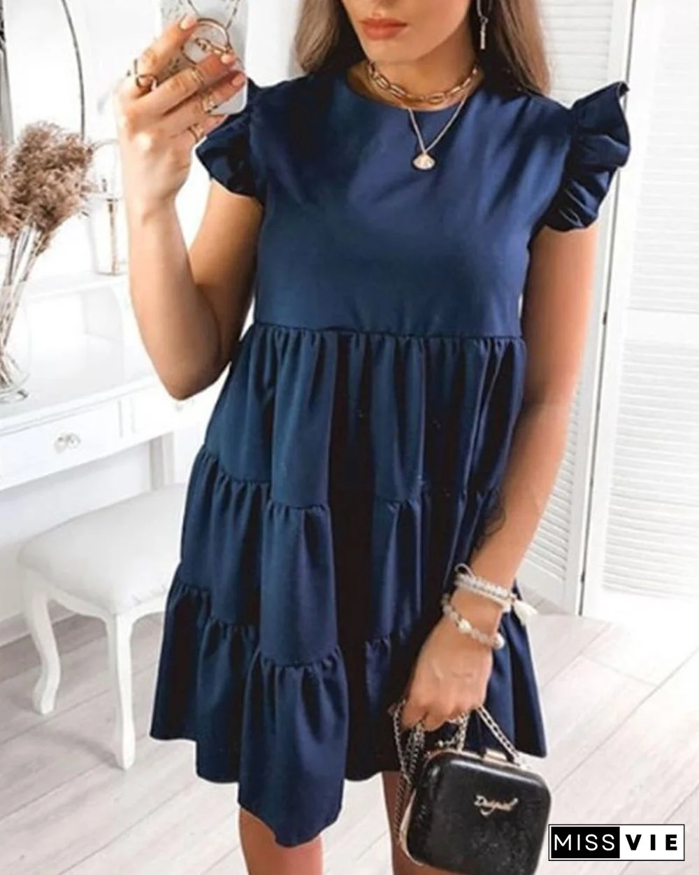 Solid Short Sleeve Ruffles A-line Cake Dress P15274