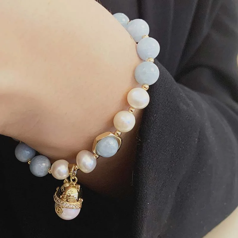 Aquamarine Pearl Peace Healing Lucky Cat Charm Bracelet