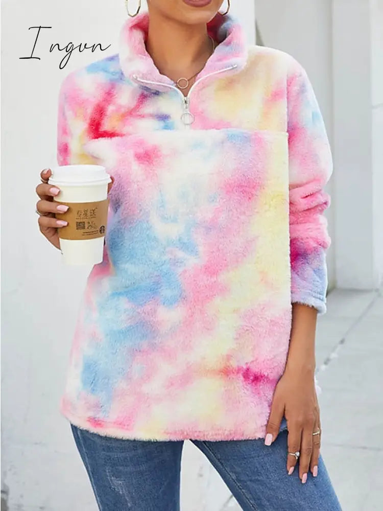 Ingvn - Women’s Sweatshirt Pullover Fuzzy Teddy Yellow Pink Tie Dye Casual V Neck Long Sleeve