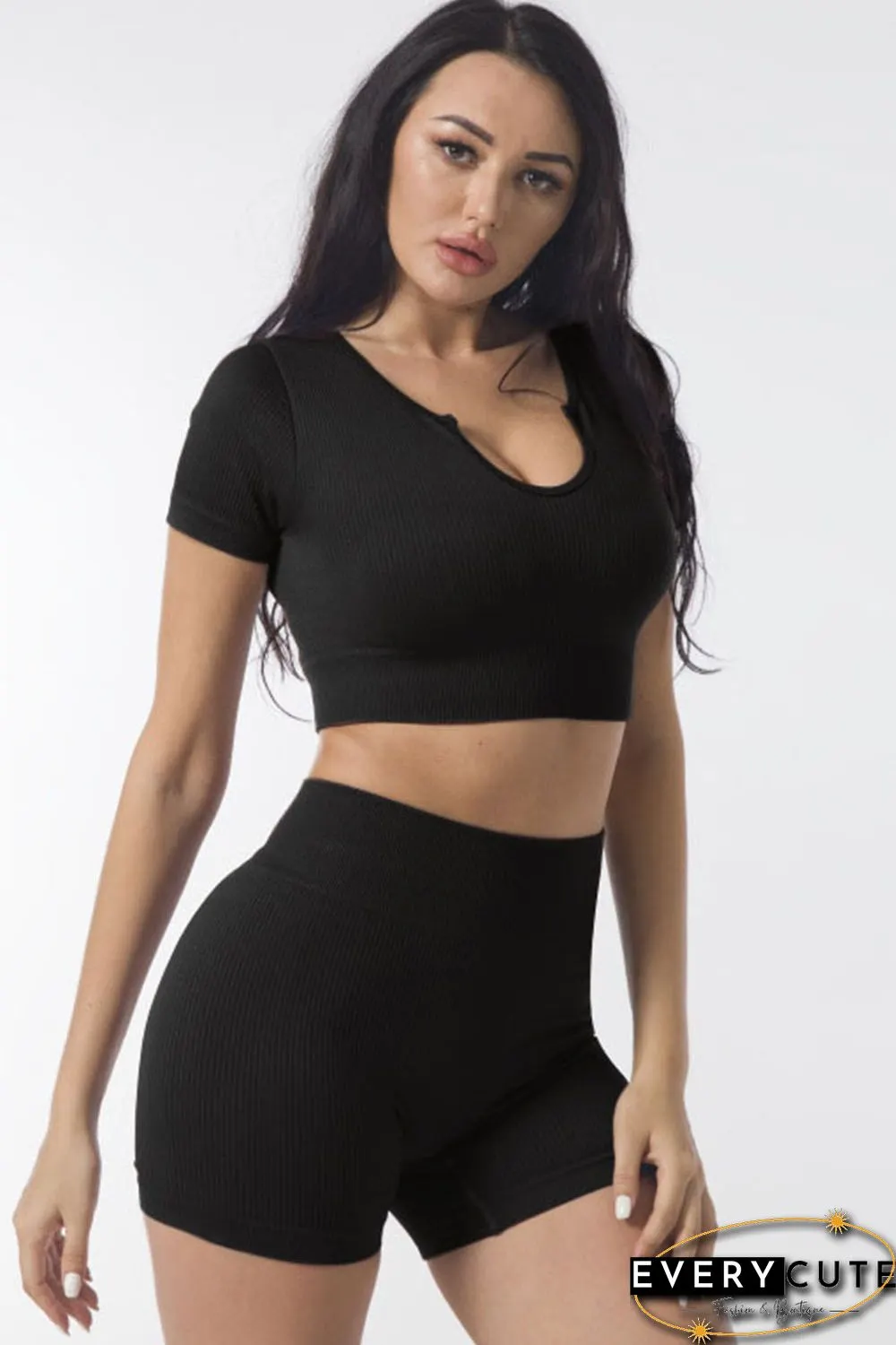 Black Ribbed Short Sleeve Cropped Active Top