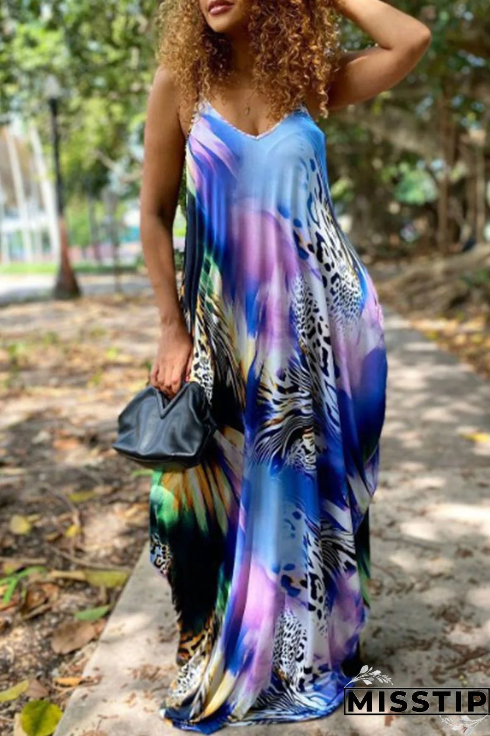 Blue Casual Print Patchwork Spaghetti Strap Sling Dress Dresses
