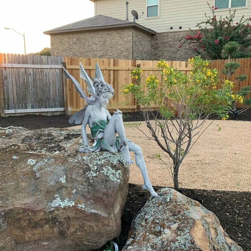 Flower Fairy Sculpture Yard Landscaping Resin Turek Sitting Statue (White)