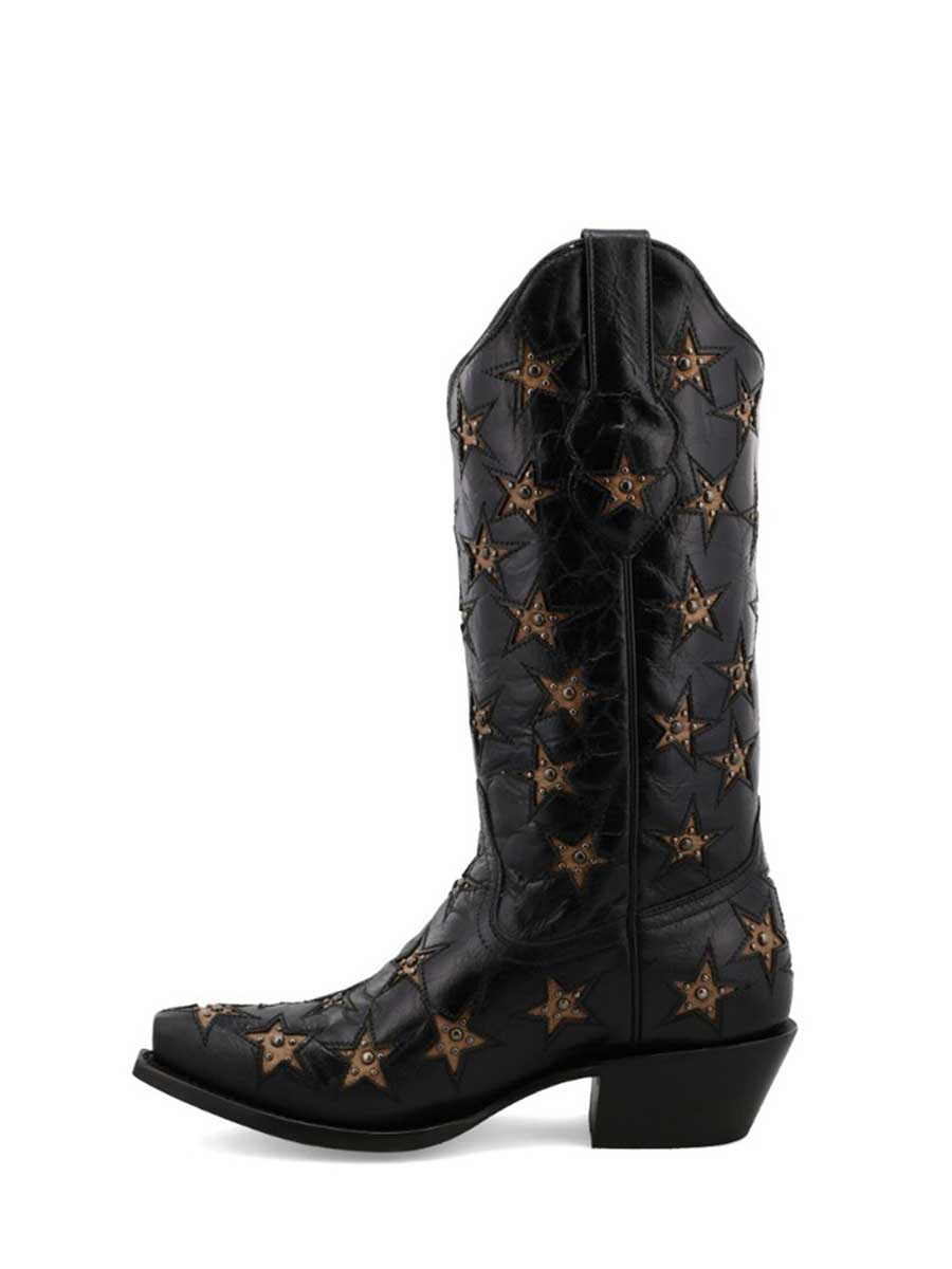 Black Vegan Leather Snip-Toe Star Inlay Studded Western Boots  