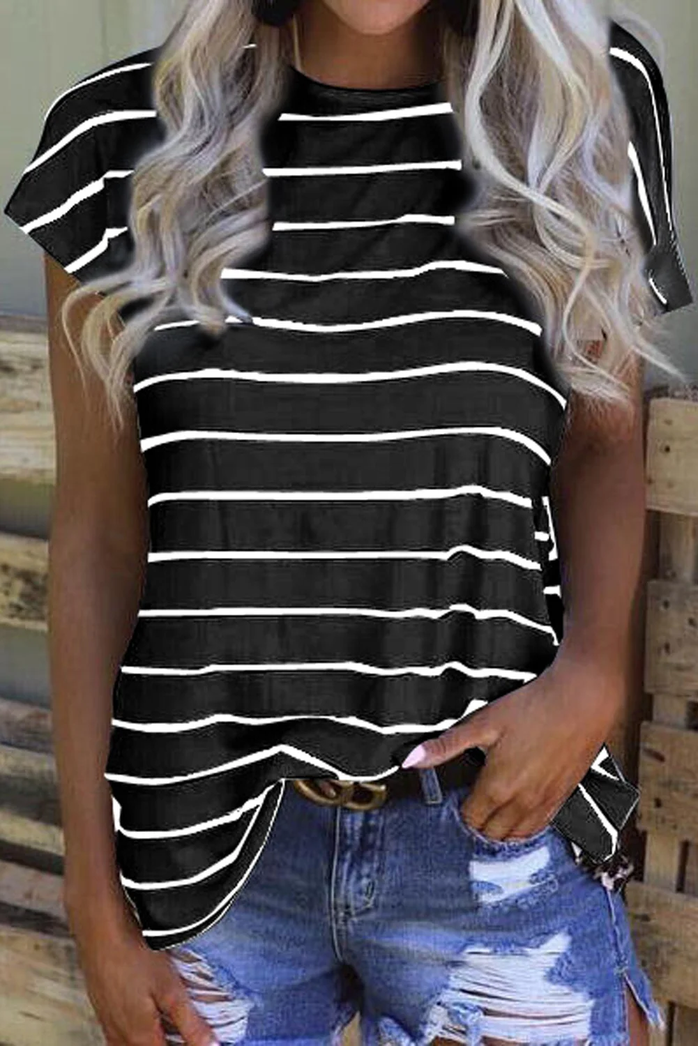 Stripe Black Leopard Printed Open Back Short Sleeve T Shirt | IFYHOME
