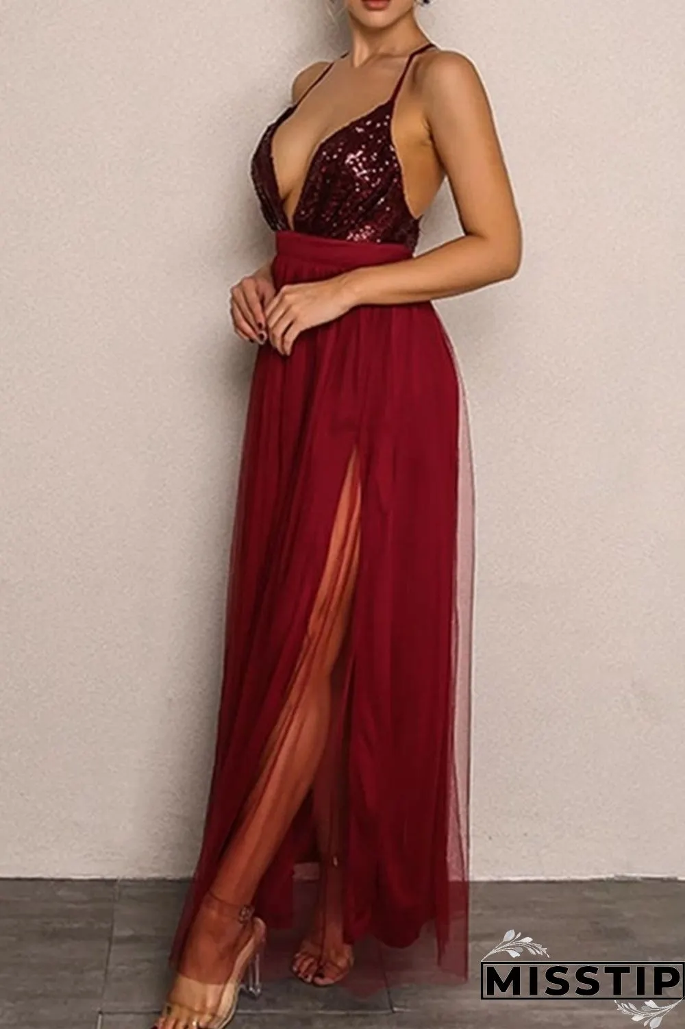 Burgundy Sexy Patchwork Sequins Backless Spaghetti Strap Long Dress