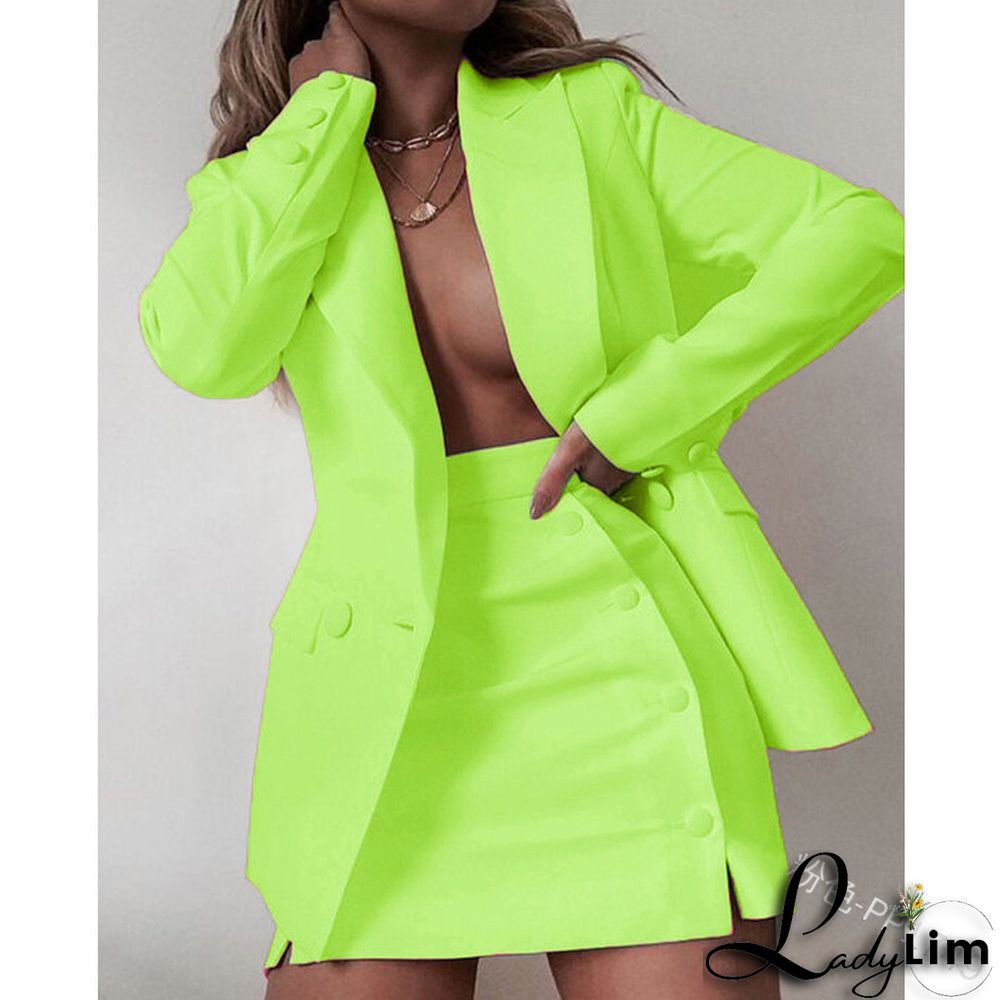 Solid Color Suit Blazer Coat Skirt Two Piece