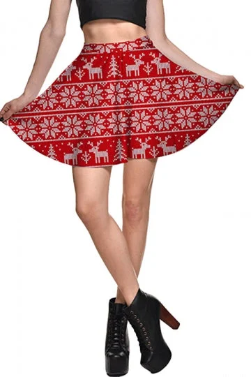 Womens High Waist Christmas Snowflake Printed Pleated Skirt Red-elleschic