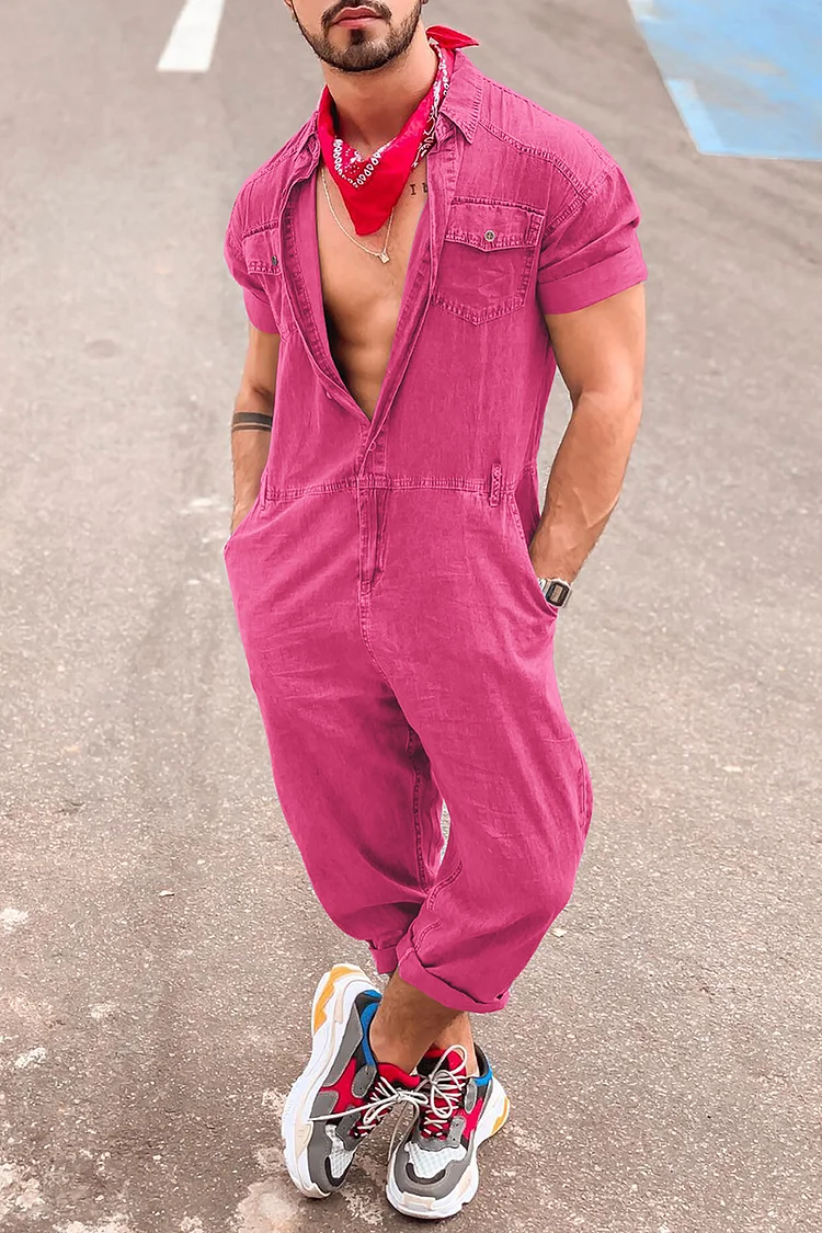 Ciciful Casual Short Sleeve Hot Pink Jumpsuit With Pockets