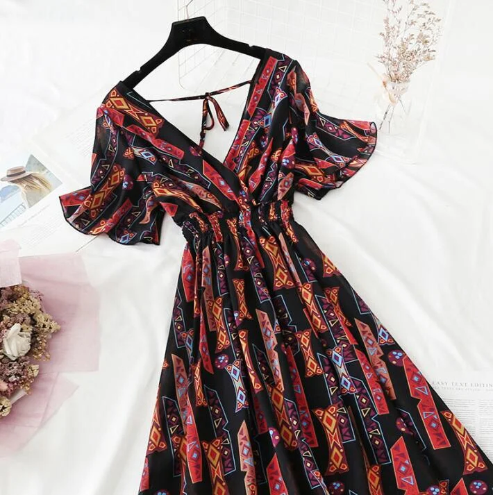 Summer Vintage Floral Chiffon Long Dress Sexy V-neck Ruffle Boho Dresses 2021 Elegant Women Party Short sleeve Dress Vestidos