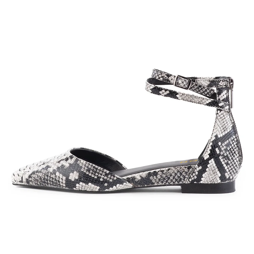 Black & White Pointed Toe Snakeskin Print Flats with Ankle Strap