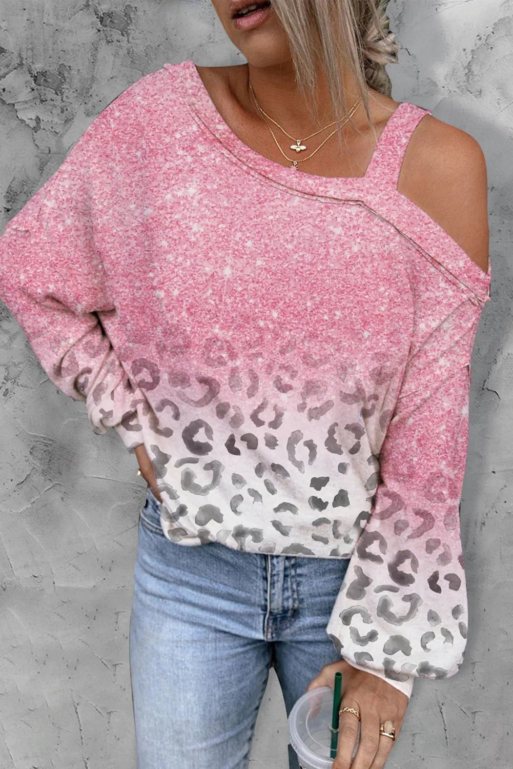 Ombre Pink Leopard Long Sleeve Cold Shoulder Top