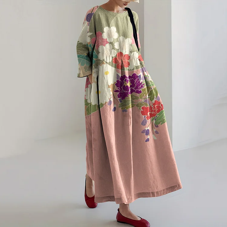 Vintage Japanese Floral Printed Casual Midi Dress