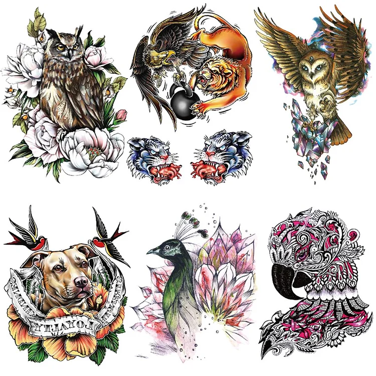 6 Sheets Owl Dog Half Arm Temporary Tattoo Stickers