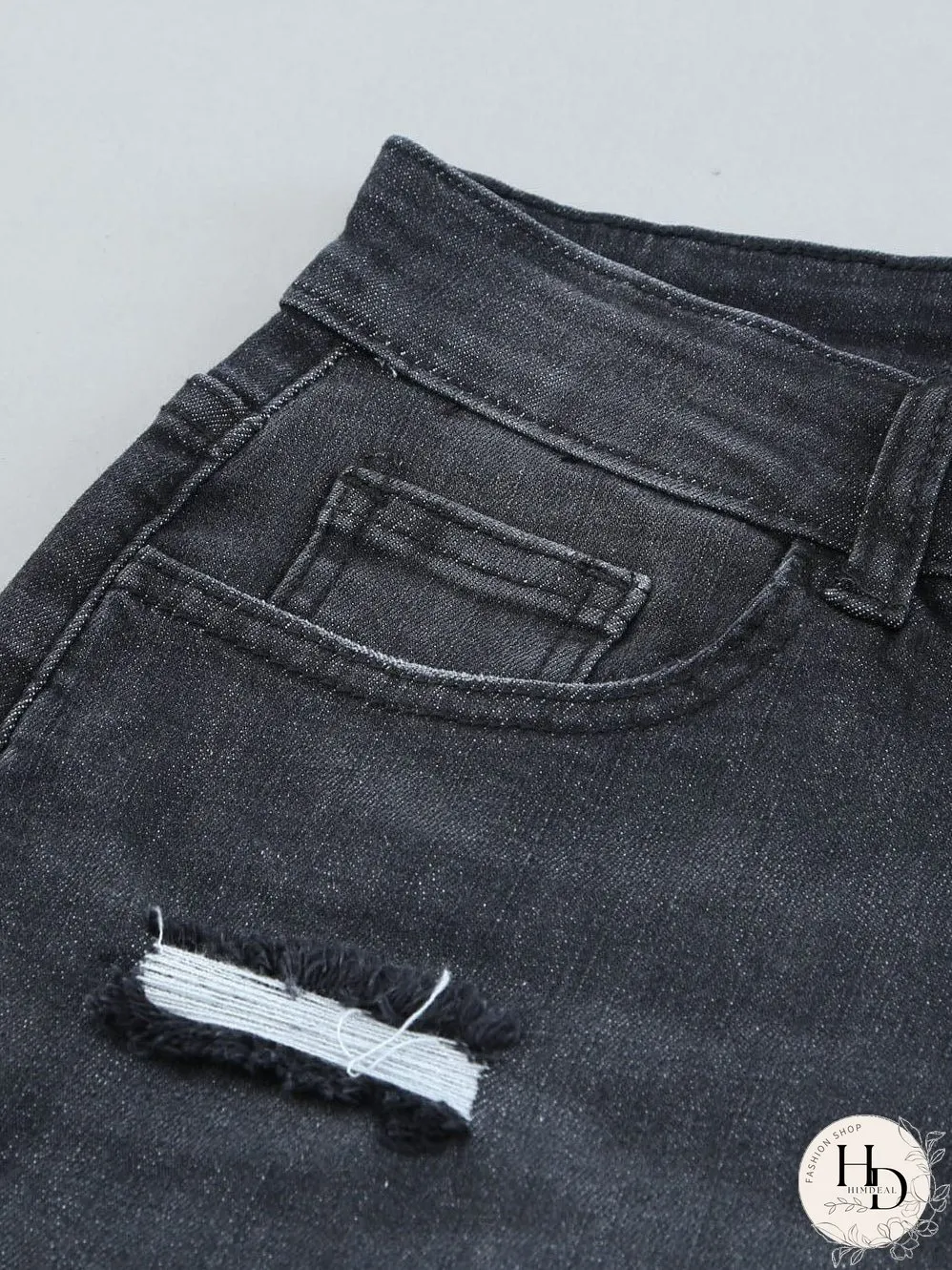 Retro Distressed Straight Leg Black Denim Jeans