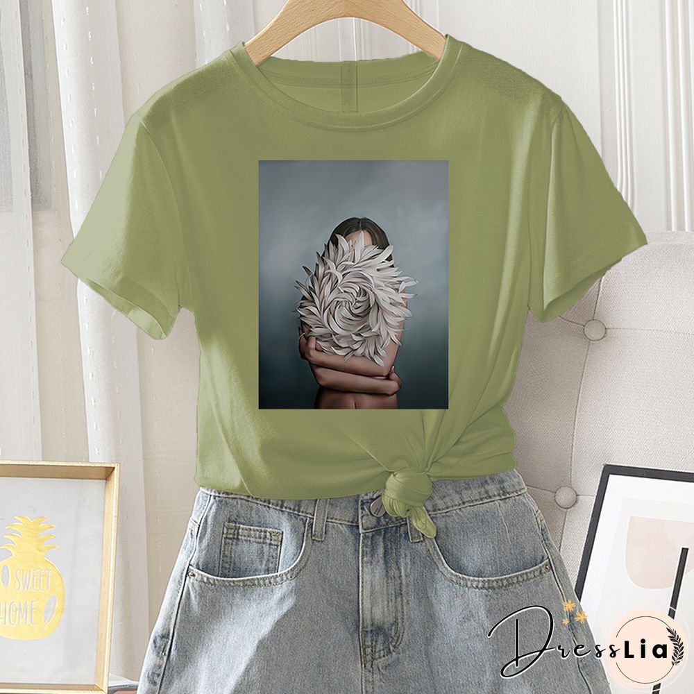 Summer Casual Women T-shirt 100% Cotton Short Sleeve Flower Photo Print Female Graphic Vintage T Shirt Ladies Round Neck Tee Top