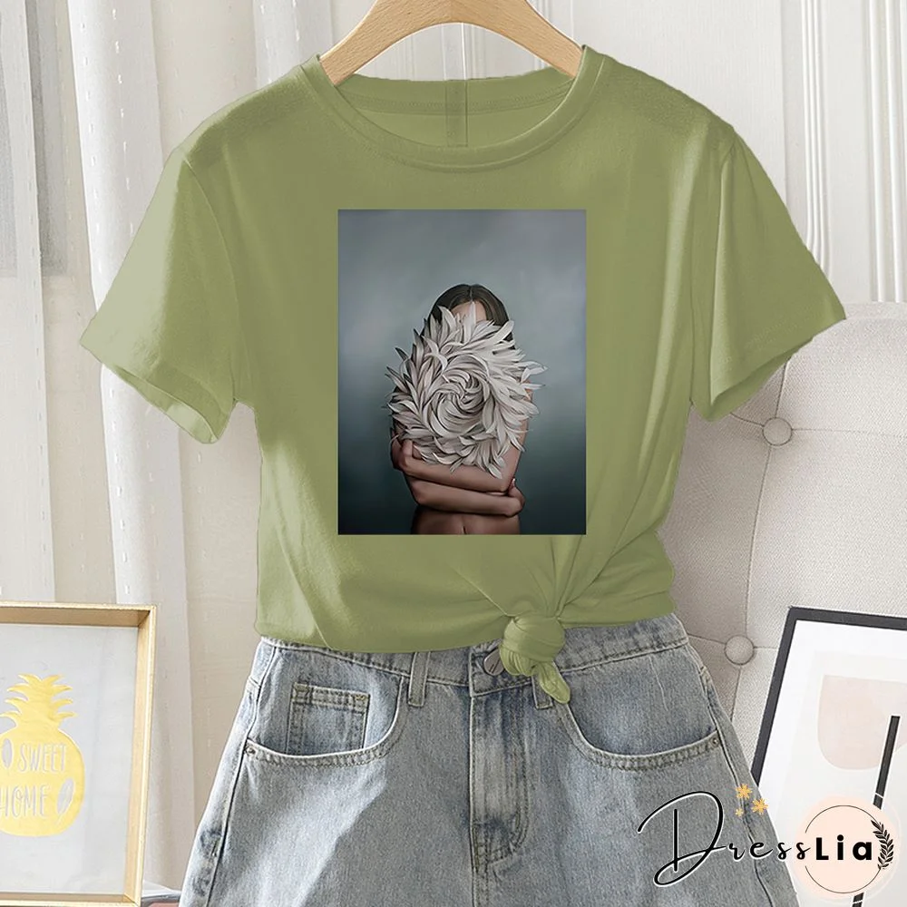 Summer Casual Women T-shirt 100% Cotton Short Sleeve Flower Photo Print Female Graphic Vintage T Shirt Ladies Round Neck Tee Top