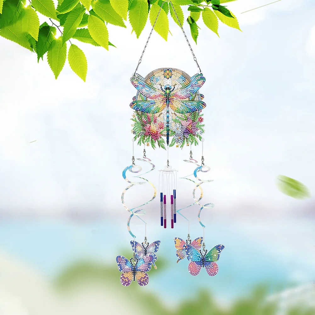 DIY Flower Dragonfly Double Sided Diamond Painting Wind Chime for Window Decor