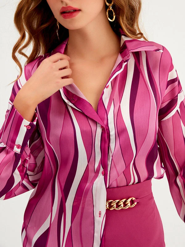 Long Sleeves Loose Contrast Color Striped Lapel Blouses