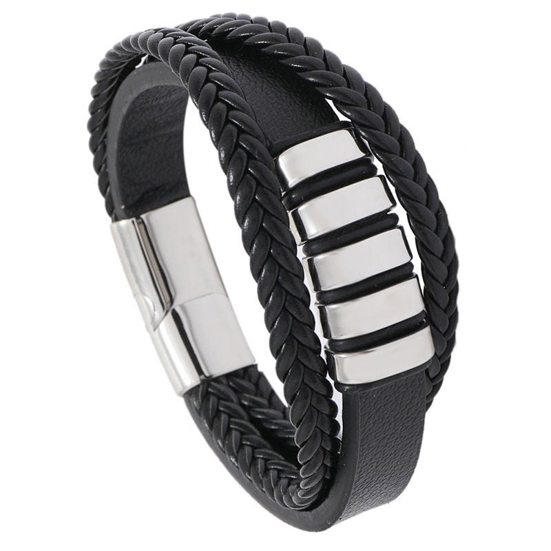 Men's Leather Bracelet Stainless Steel Woven Punk PU Bracelet