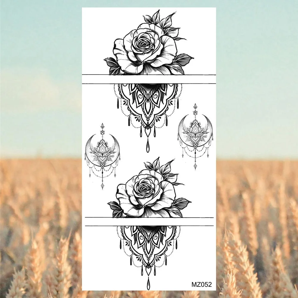 Black Lotus Pendant Temporary Tattoos For Women Adult Rose Flower Jewelry Fake Tattoo Fashion Calf Waterproof Half Sleeve Tatoos