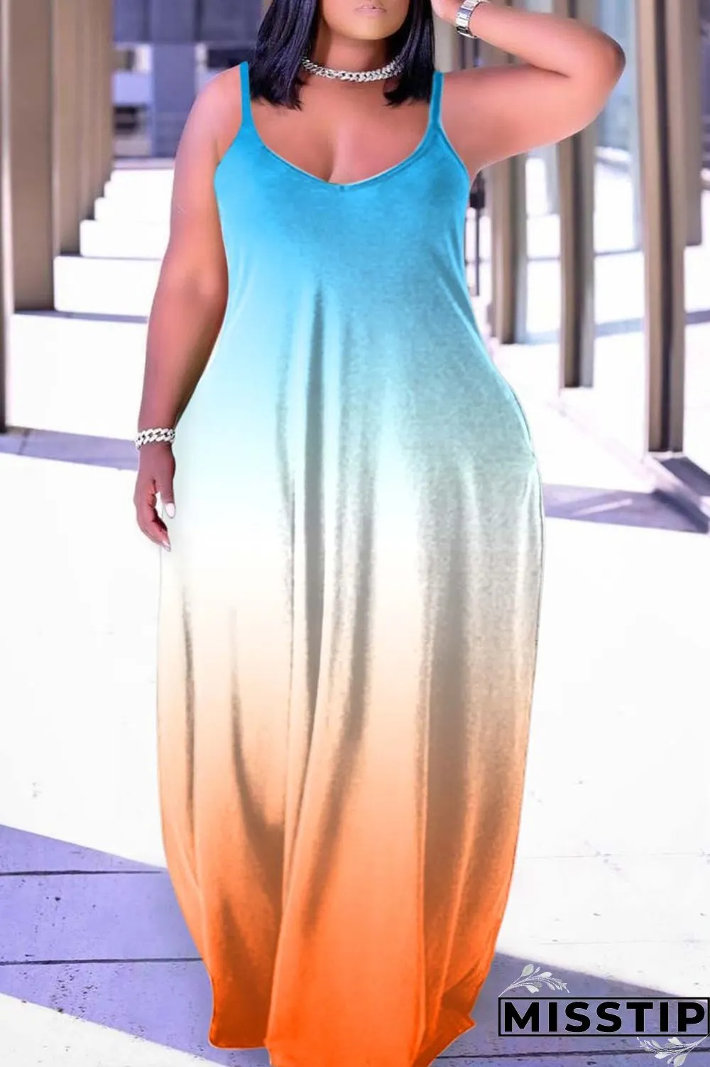 Orange Sexy Casual Print Backless Spaghetti Strap Long Dress Dresses