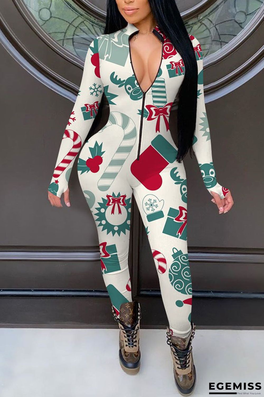 White Casual Print Zipper Collar Skinny Jumpsuits | EGEMISS