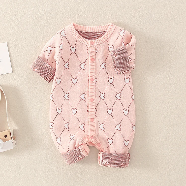 Baby Girl Allover Heart Pattern Long Sleeve Knitted Romper