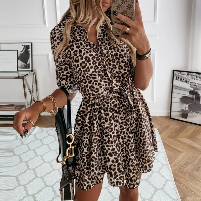 hirigin Women Spring Autumn Leopard Shirt Dress Long Sleeve Turn-down Collar Sashes Mini Dress Single Button OL Lady Sexy Dress