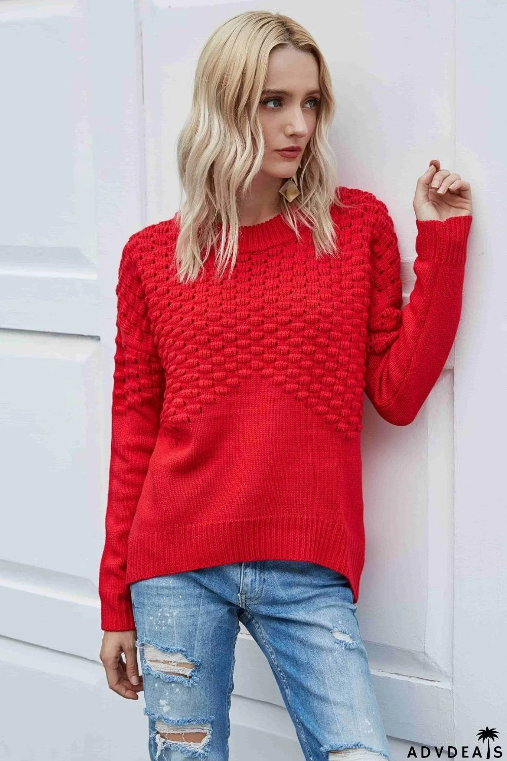 Pom-Pom Drop Shoulder Ribbed Trim Sweater